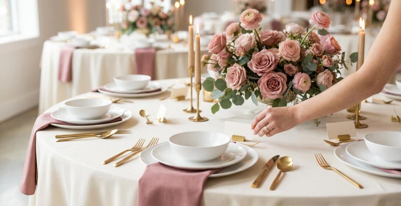Wedding tablescape demonstrating the 60-30-10 color rule with dominant, secondary and accent colors
