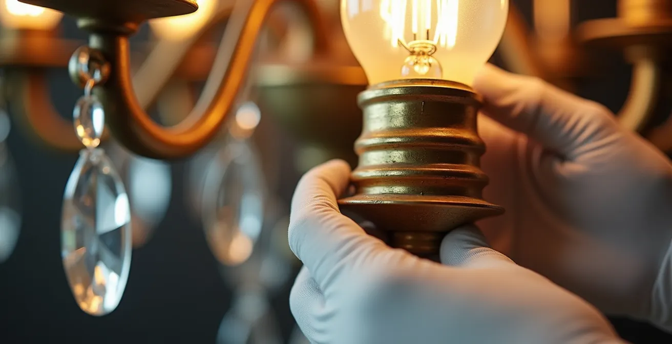 Macro shot of modern LED bulbs being installed in antique chandelier sockets with rewired components