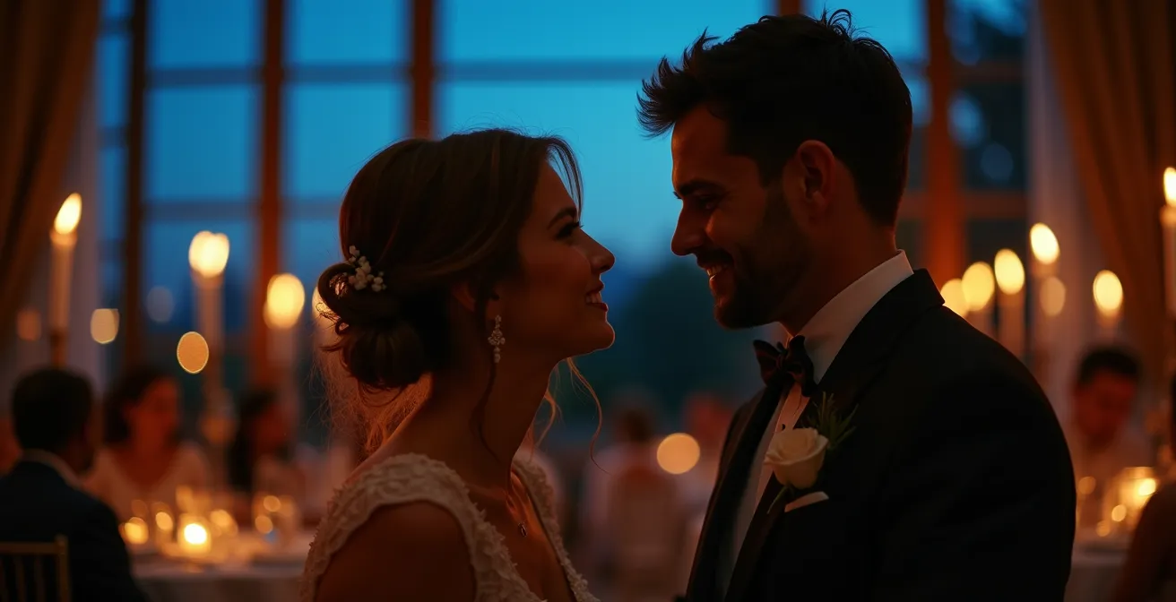 A romantic view from inside a wedding reception, with a couple warmly lit by candlelight near a large window that looks out onto a deep blue twilight sky.
