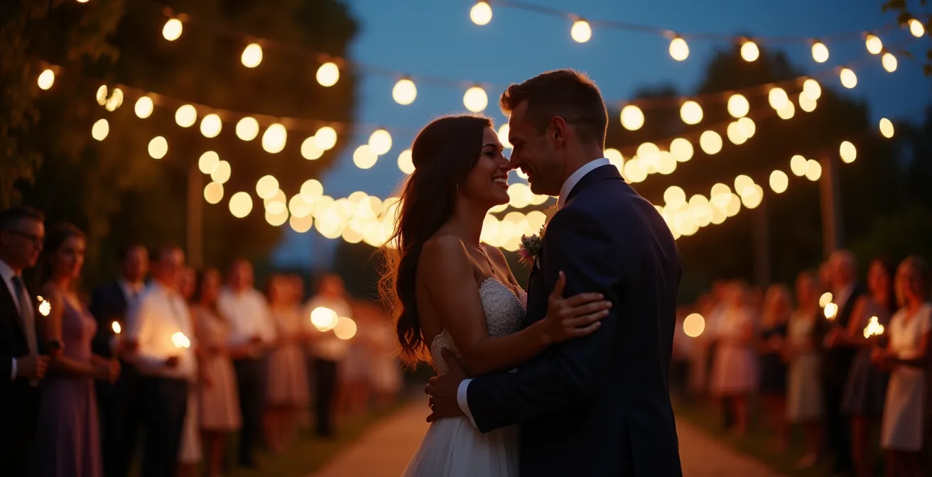 Outdoor wedding reception during blue hour with a layered fairy light installation creating a magical atmosphere