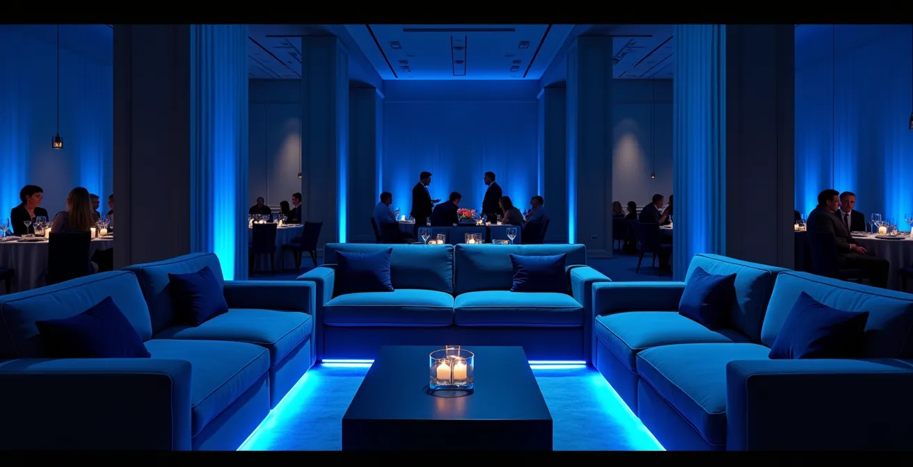 Deep blue wedding lounge with soft lighting creating serene atmosphere