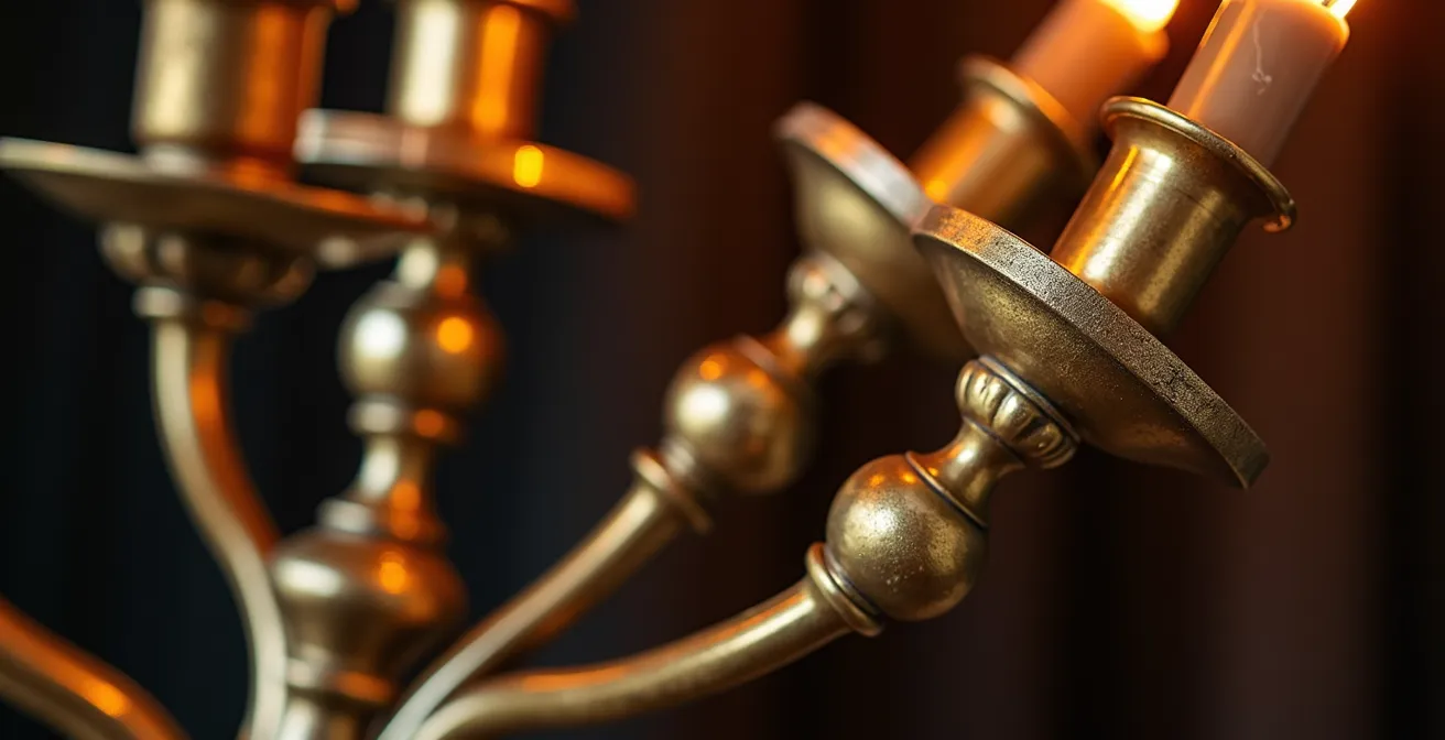 Three antique brass candelabras showing different levels of patina from deep aged to highly polished
