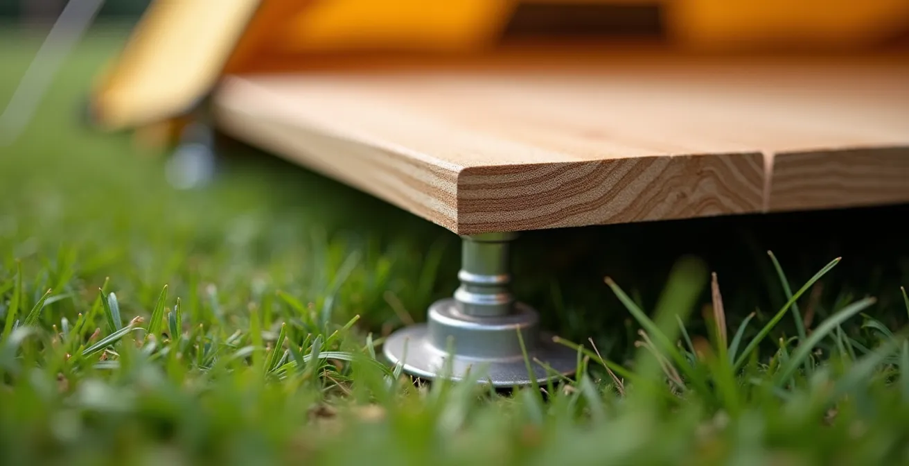 Close-up view of professional cassette floor installation showing leveled substructure