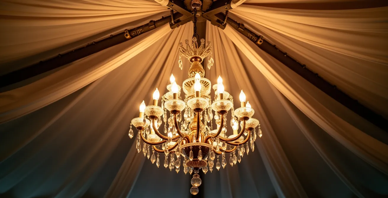 Professional rigging system showing chandelier safely suspended from tent frame