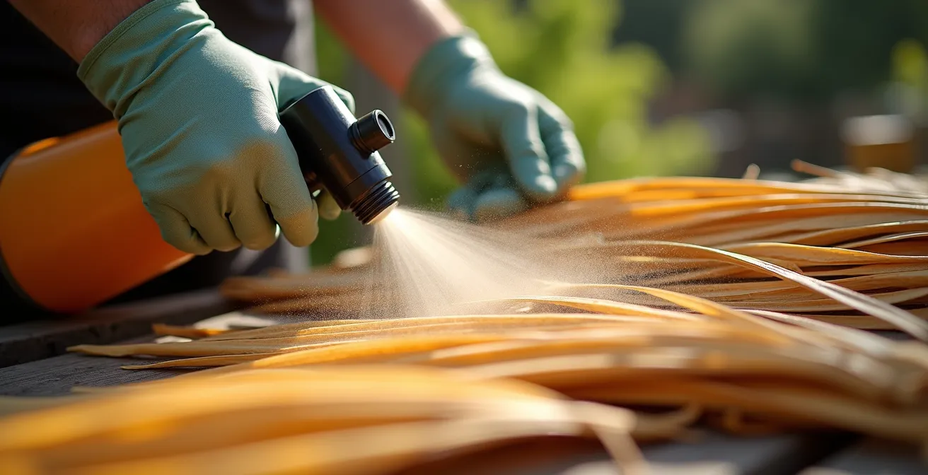 Close-up of hands using compressed air to clean dried palm fronds outdoors