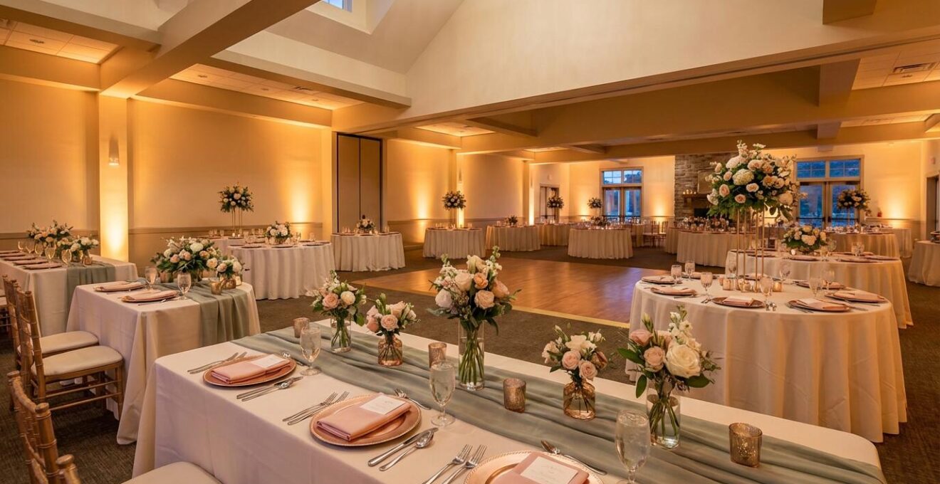 Elegant wedding reception venue with harmonious color palette and thoughtful lighting design