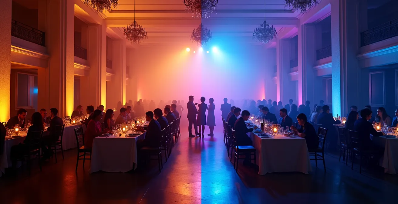 Split scene showing the same reception space, with the left half bathed in warm amber dinner lighting and the right half illuminated with cool blue and purple party lighting.