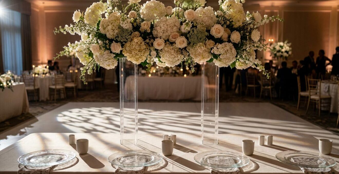 Wedding table centerpiece demonstrating the conversation window principle with elevated floral cloud