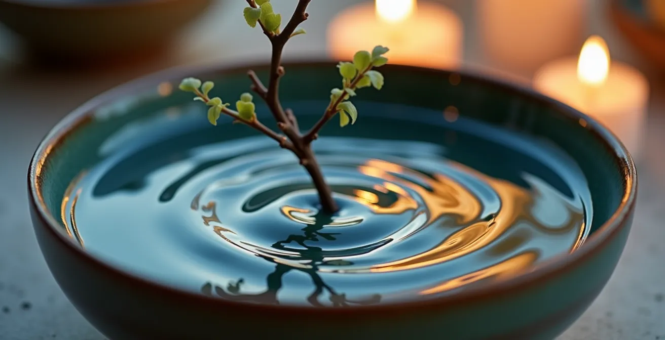 Macro shot of pristine water in shallow ikebana bowl with candlelight reflections