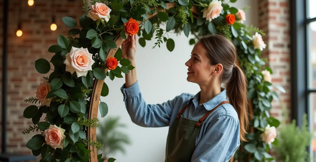 Side view of floral arch showing multiple depth layers of flowers and foliage