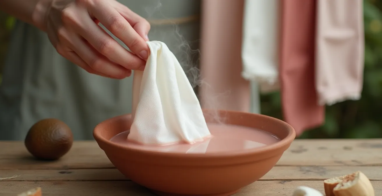 Hands dipping white cheesecloth into natural dye bath with test swatches hanging nearby
