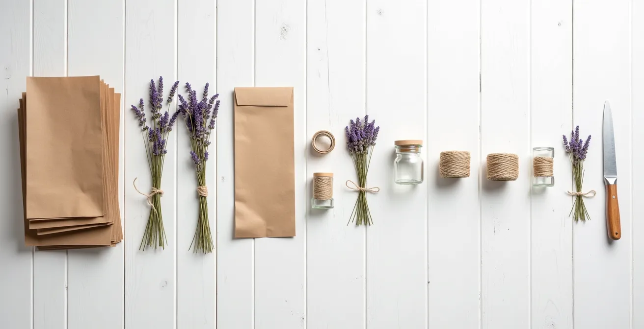 Overhead view of DIY wedding favor assembly station with supplies and tools