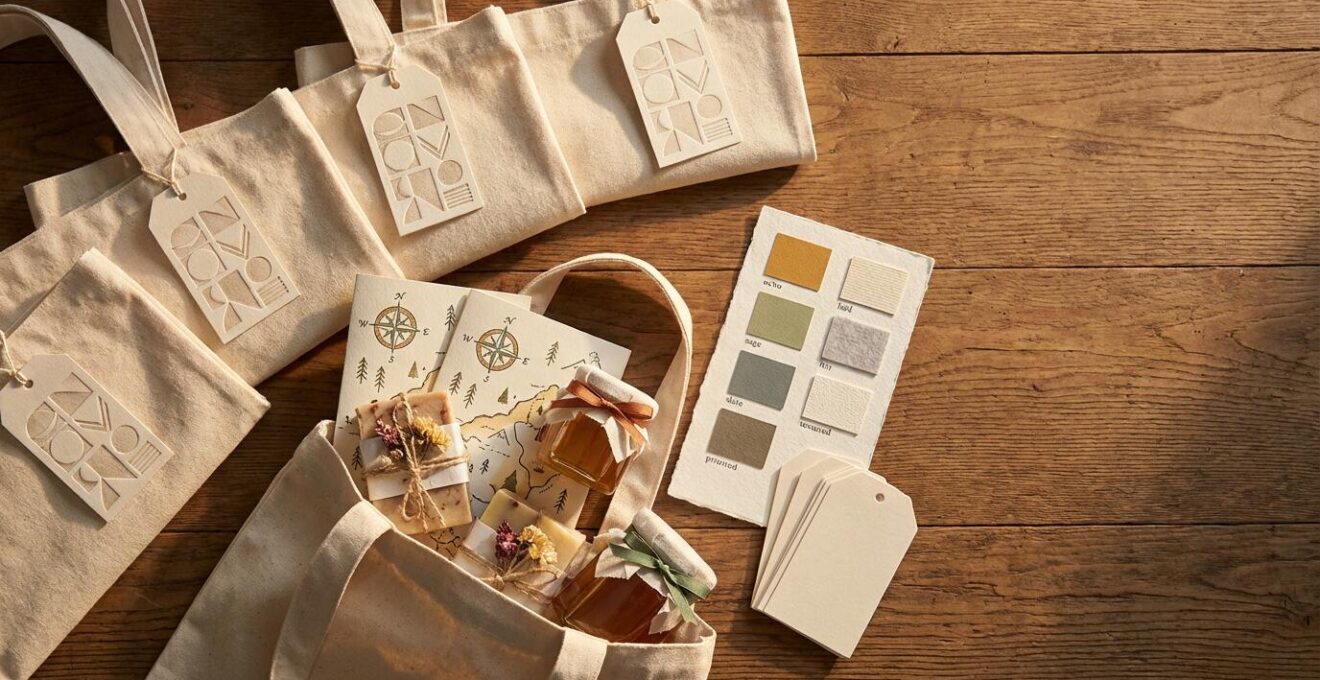 Beautifully assembled DIY welcome bags with professional printed tags