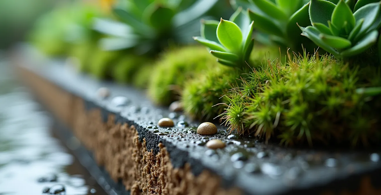 Cross-section technical view of living wall waterproofing layers