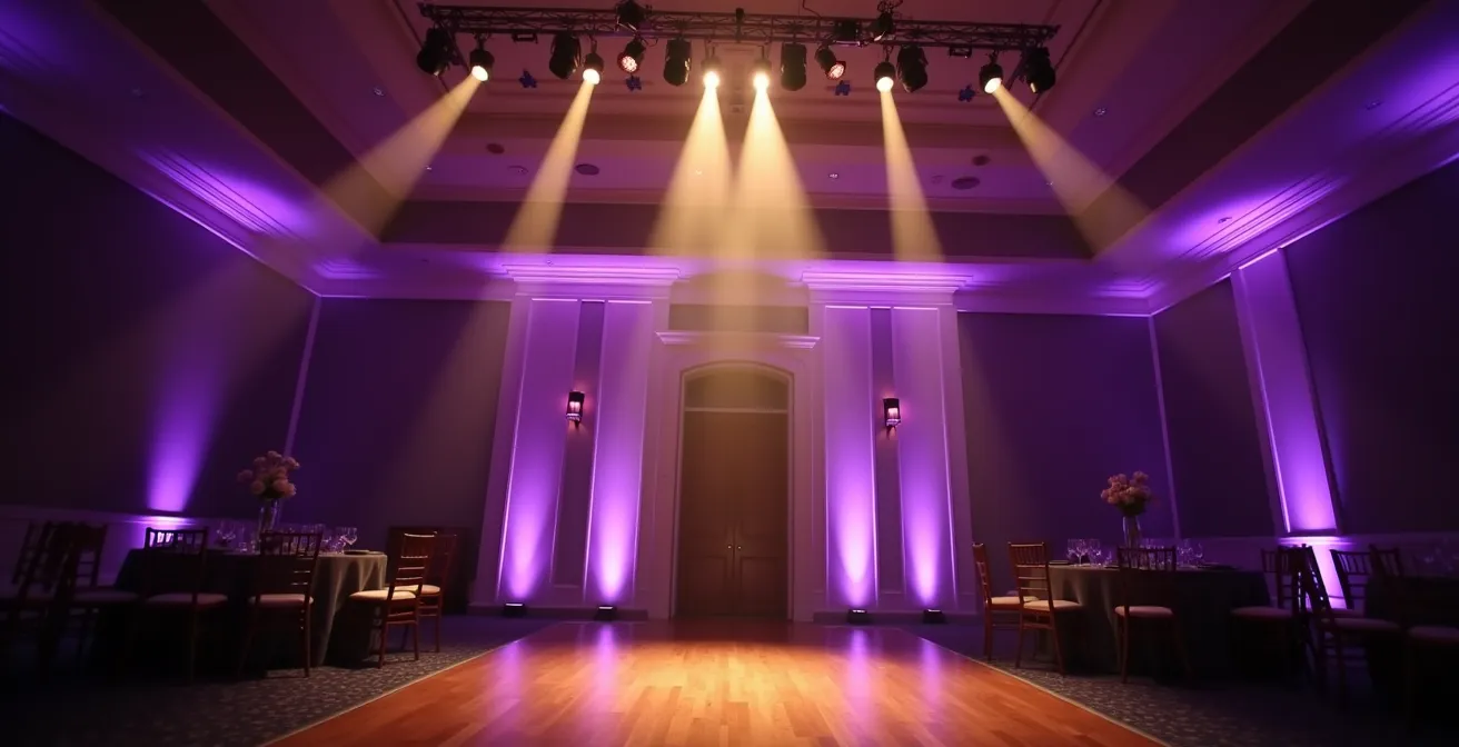 Wide venue shot showing synchronized uplighting and spotlights creating dramatic entrance atmosphere