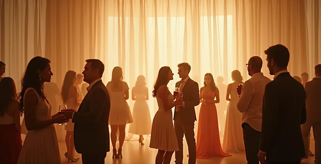 Soft fabric draping covering ballroom dividers with warm lighting