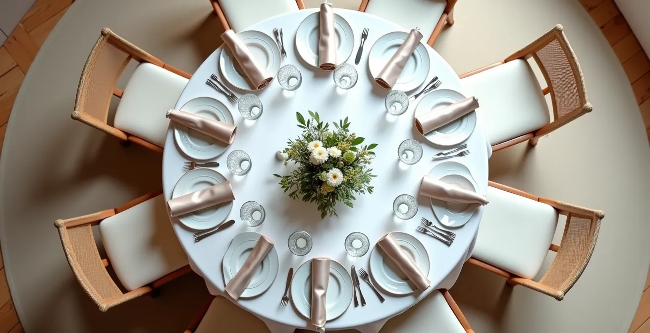 Overhead view of elegantly set round wedding table with eight place settings showing optimal spacing