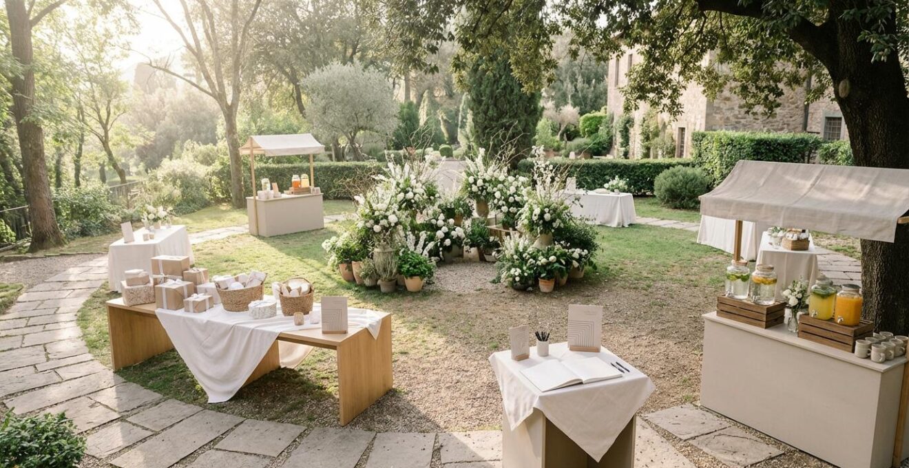 Elegant wedding welcome area with strategic layout featuring multiple stations, clear pathways, and comfortable crowd flow for large guest count