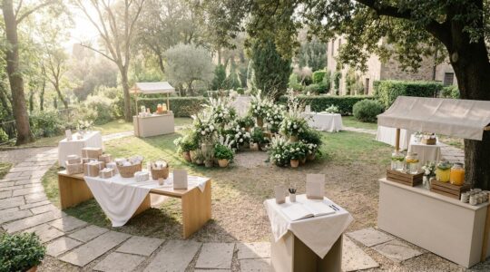 Elegant wedding welcome area with strategic layout featuring multiple stations, clear pathways, and comfortable crowd flow for large guest count