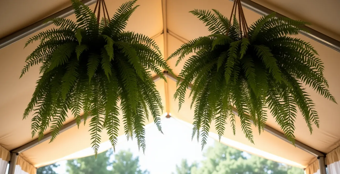 Wedding tent interior showing proper height placement of hanging ferns at 8-10 feet