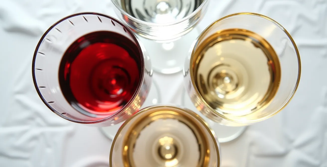 Top-down macro view of four different wine glasses arranged in diamond formation showing varied heights and safe spacing