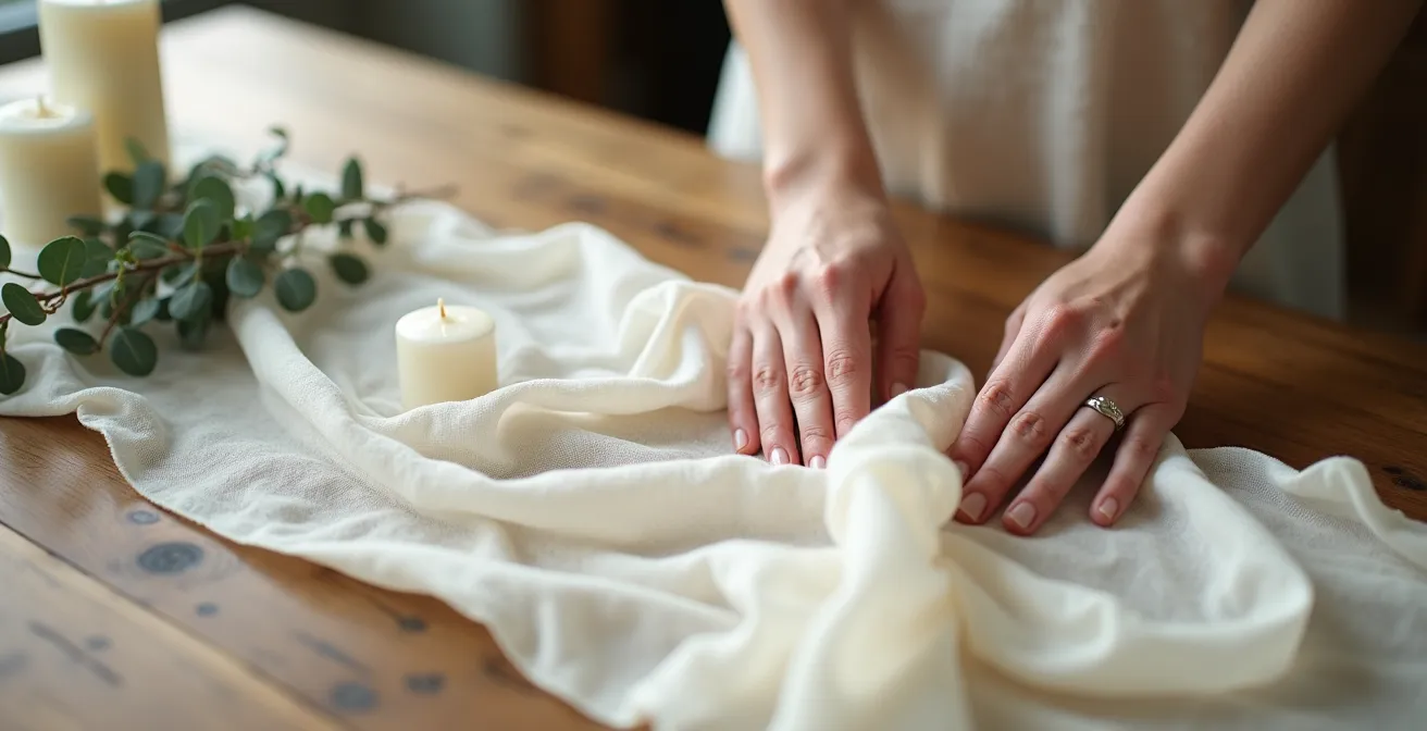 Soft gauze runner styled on reclaimed wood table with natural flow
