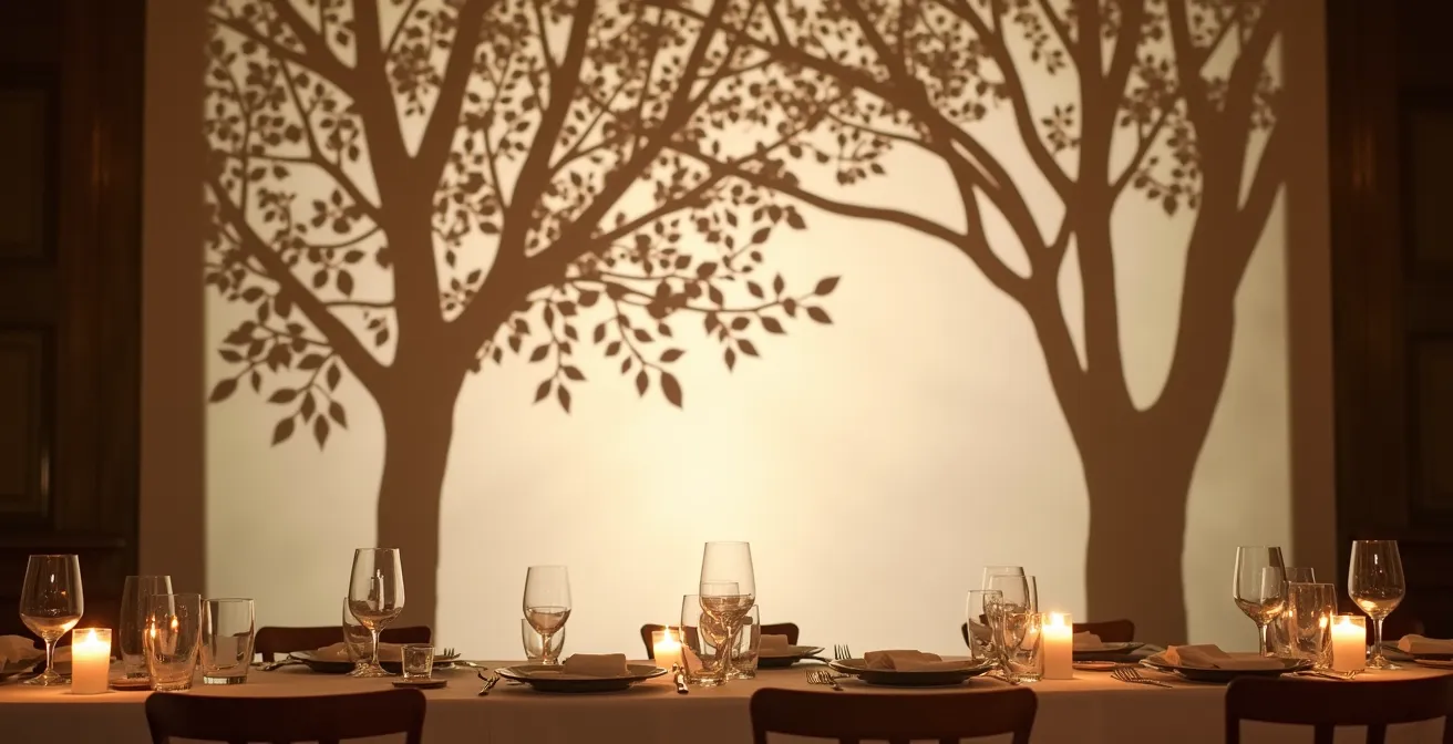 Elegant wedding reception wall with dynamic leaf shadow patterns created by professional gobo projection