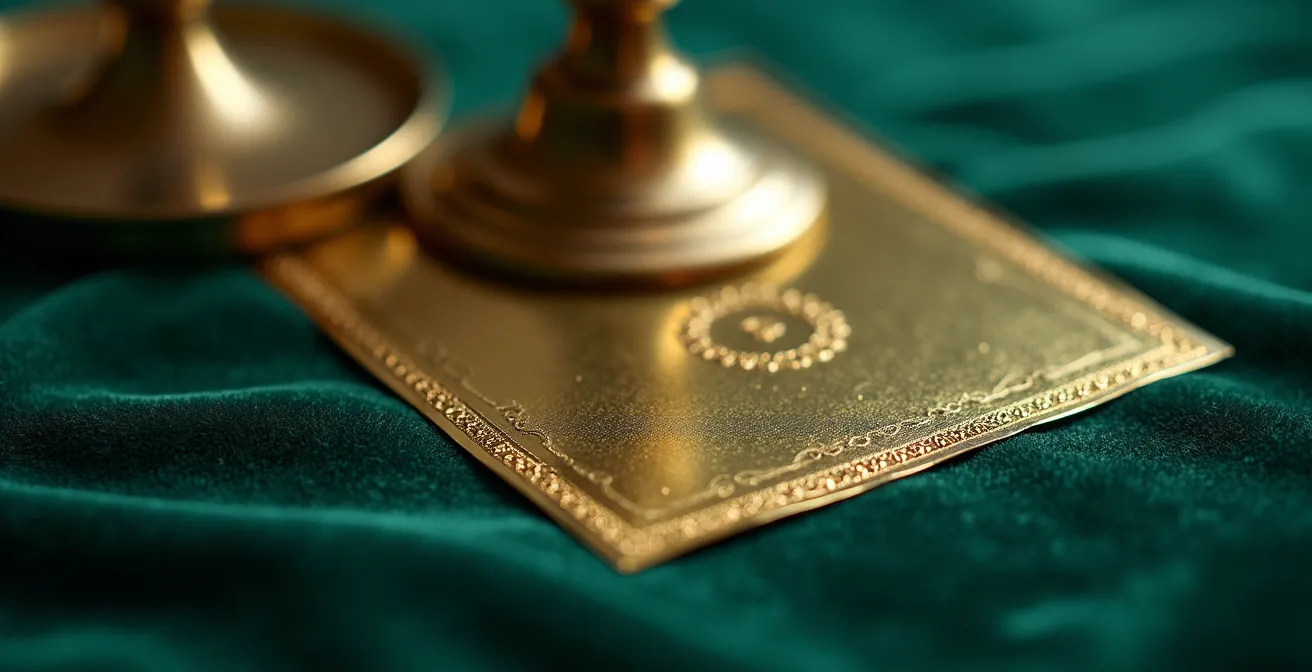 Close-up of vintage brass candlesticks alongside gold foil wedding stationery on velvet fabric