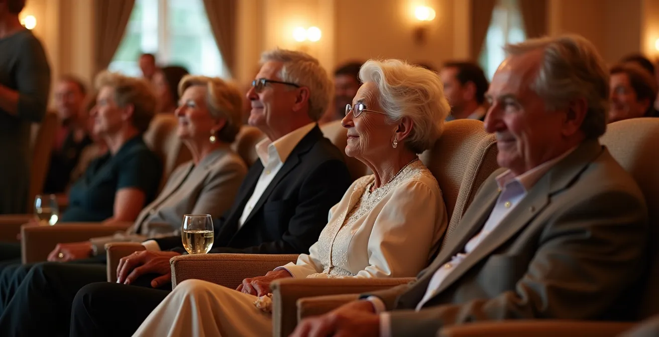 Comfortable seating area overlooking dance floor with an elderly couple watching happily
