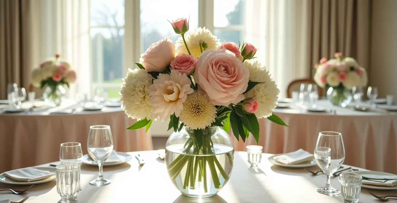 Wedding centerpiece showing peonies supported by structural flowers in elegant glass vase