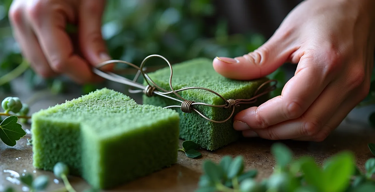 Close-up of florist hands creating chicken wire cage around floral foam blocks