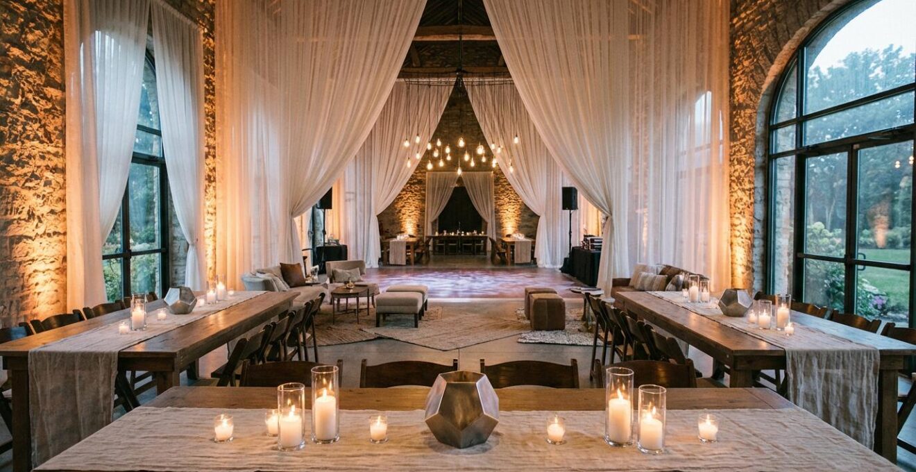 Elegant wedding reception featuring multi-sensory design elements with dramatic lighting and textured decor