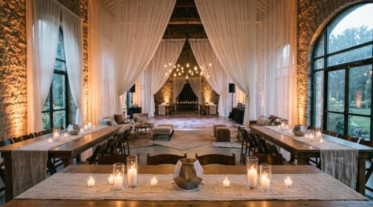 Elegant wedding reception featuring multi-sensory design elements with dramatic lighting and textured decor