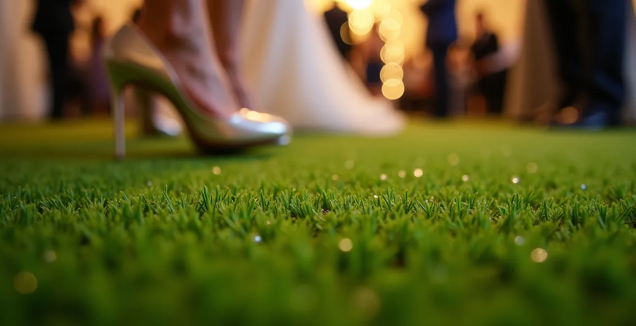 Luxurious indoor wedding reception with premium artificial turf creating distinct zones for ceremony and cocktail areas