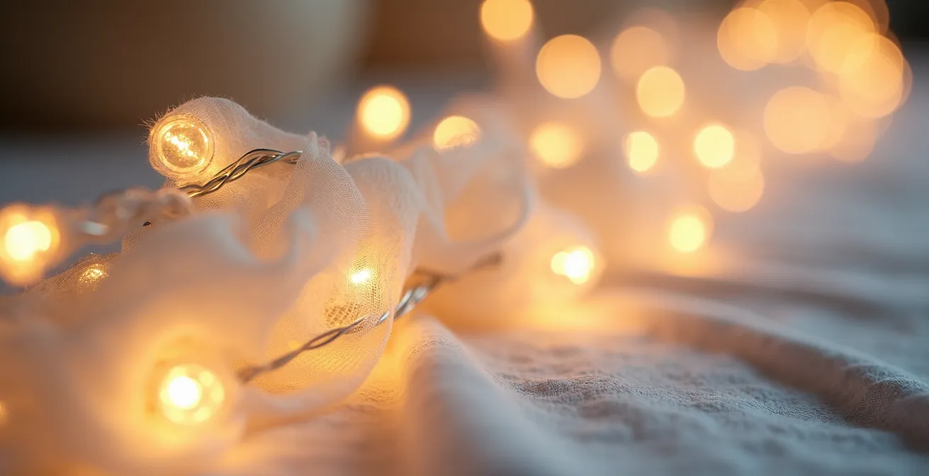 Close-up detail of layered fairy lights with tulle creating soft diffused glow