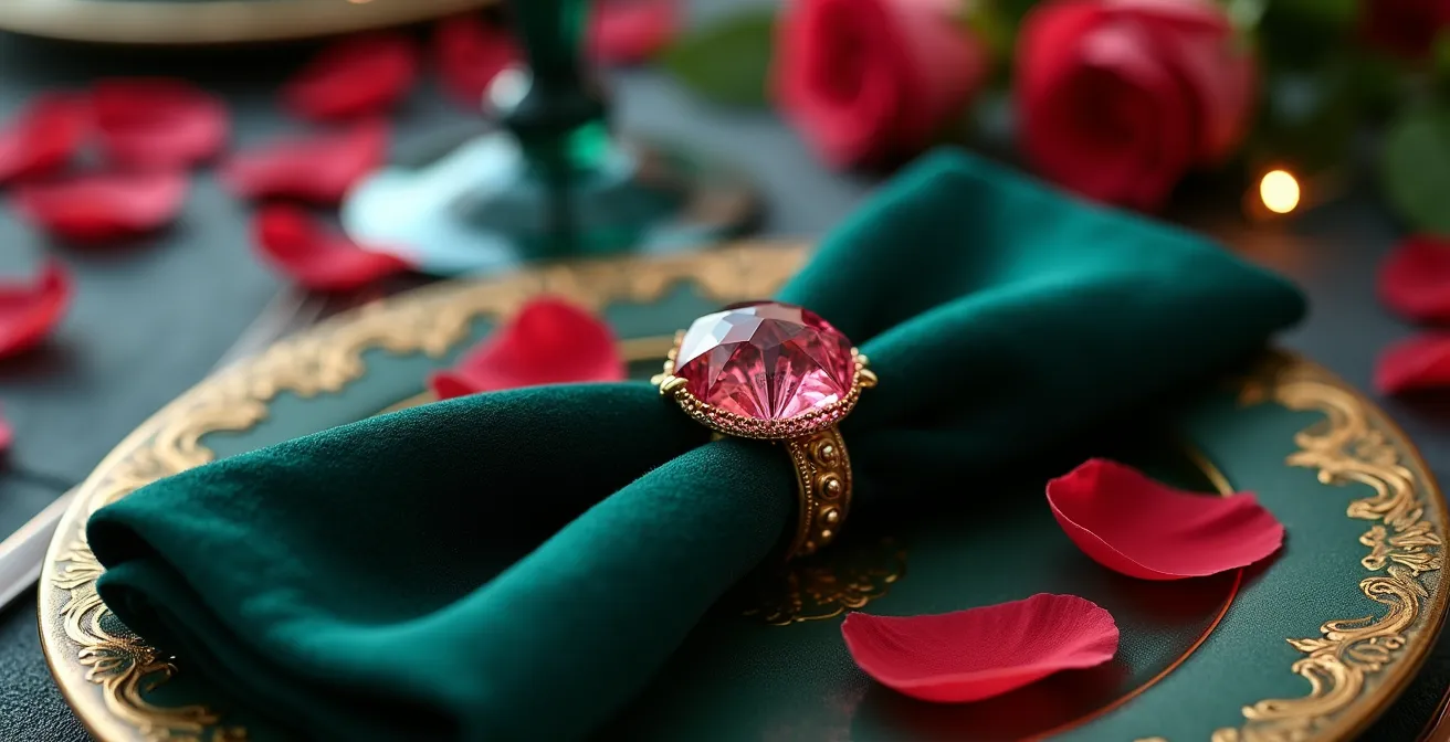 Luxurious wedding table setting showcasing a jewel tone color palette with grounding neutral elements