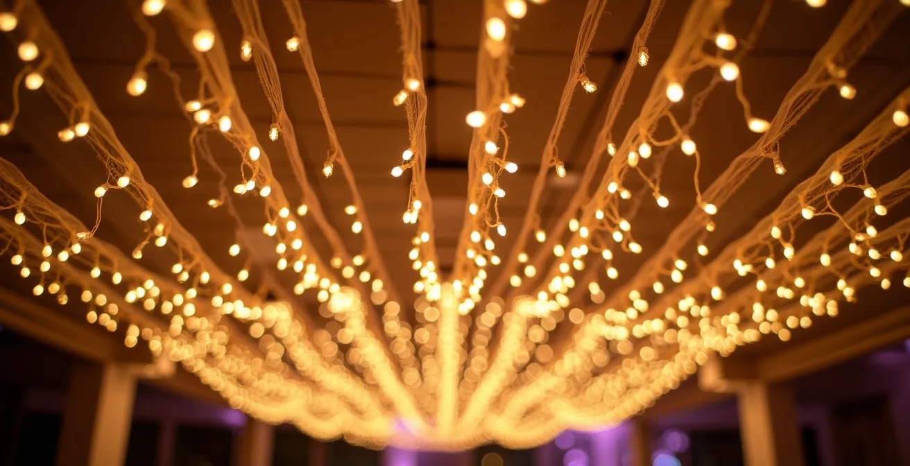 Wedding dance floor with fairy light canopy creating intimate atmosphere