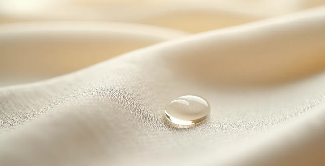 Extreme close-up of water droplet on silk fabric showing fiber disruption