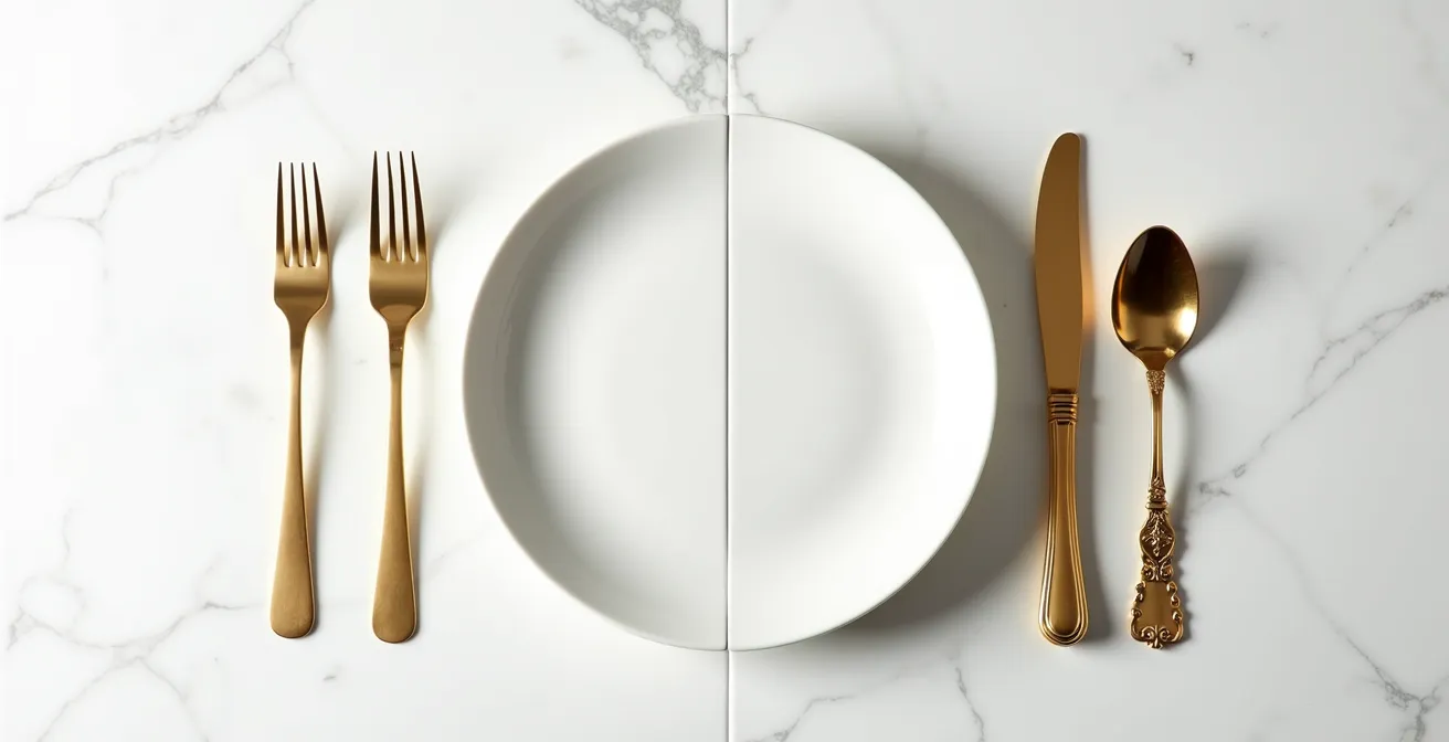 Side-by-side arrangement of sleek modern and ornate baroque gold cutlery on a marble surface