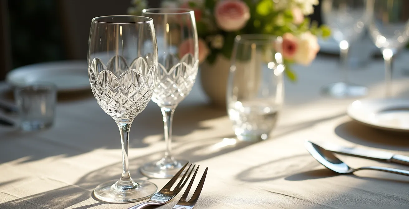 Wedding table setting combining vintage cut crystal with modern minimalist stemware
