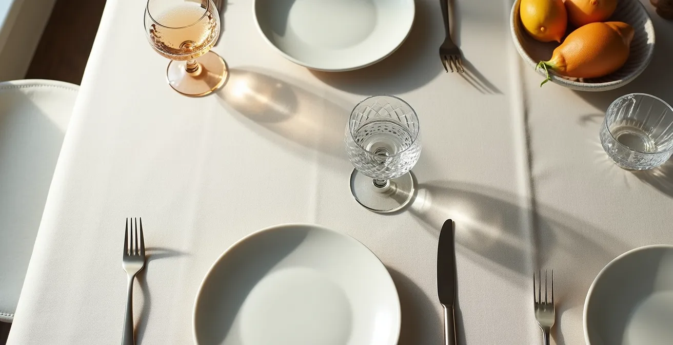 Overhead view of wedding table setting mixing ornate cut crystal water glasses with sleek modern wine stems