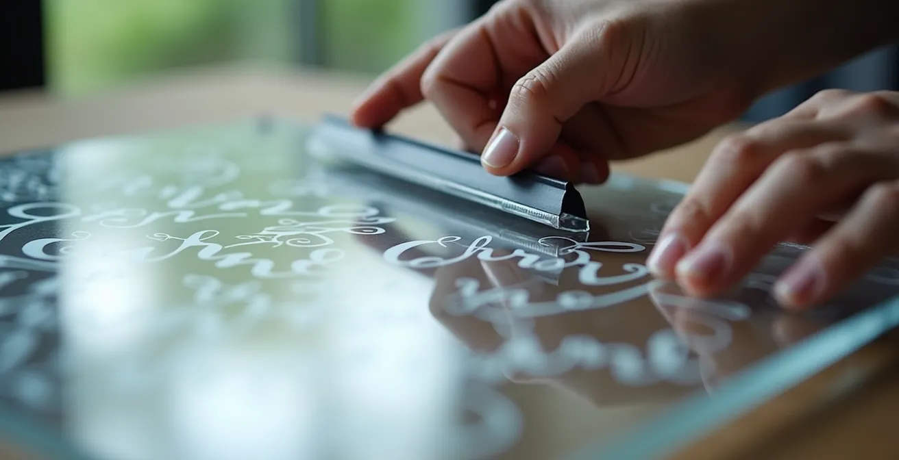 Hands applying vinyl lettering to clear acrylic seating chart