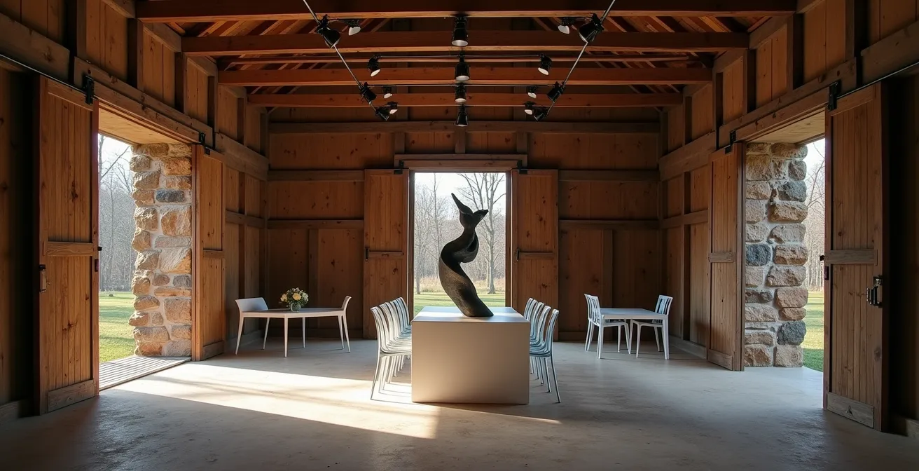 Contemporary art installation in rustic barn venue with dramatic lighting creating harmony between old and new