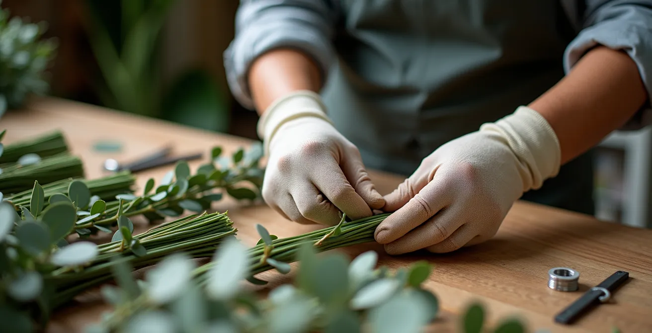 Pre-wired eucalyptus bunches laid out showing connector loops and modular 3-foot sections