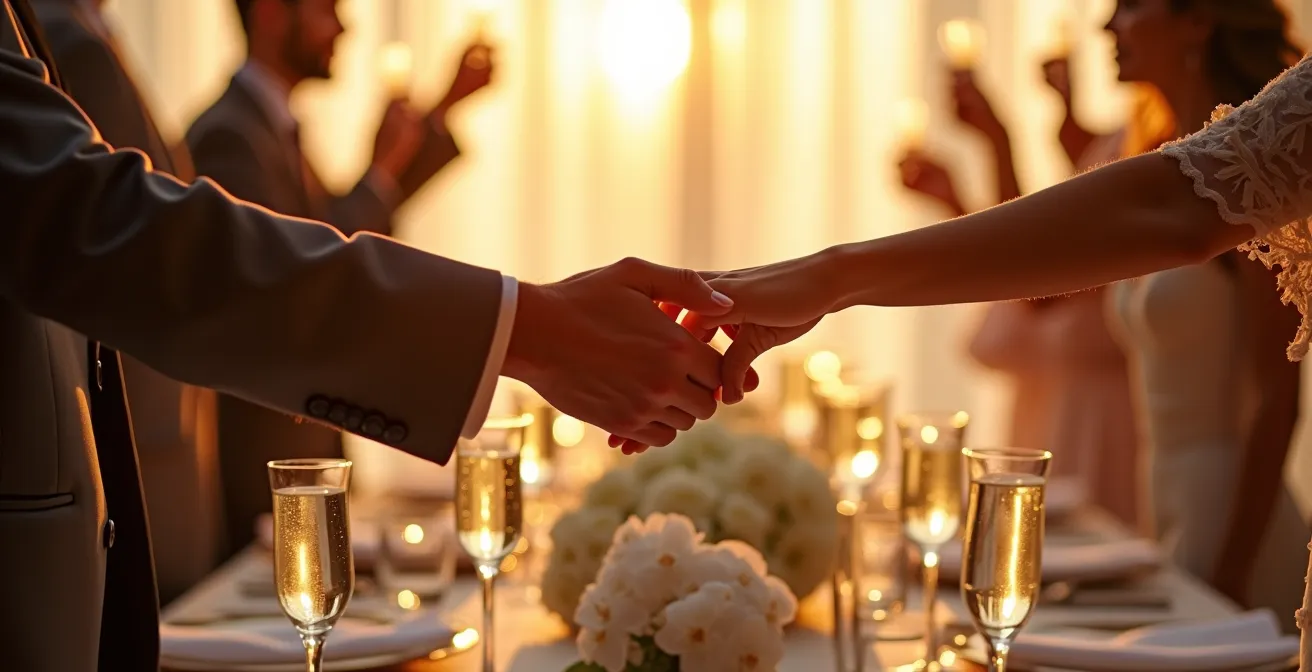 Atmospheric wide shot of wedding reception showing integrated sensory design elements