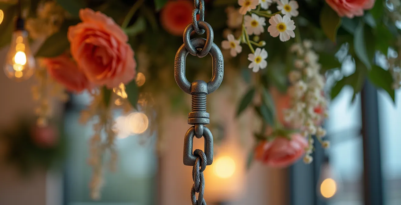Close-up technical view of professional rigging hardware supporting a heavy floral installation