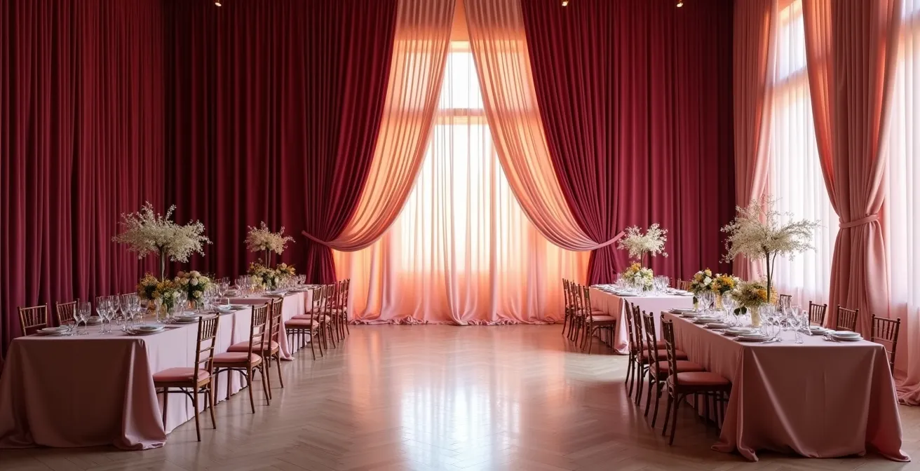 Elegant ombre effect transitioning from deep burgundy to soft blush across wedding reception space