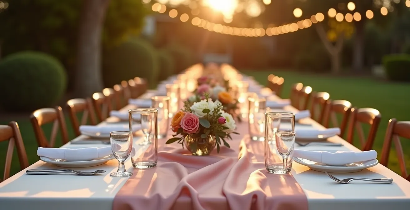 Elegant outdoor wedding table with silk runner secured by floral centerpieces