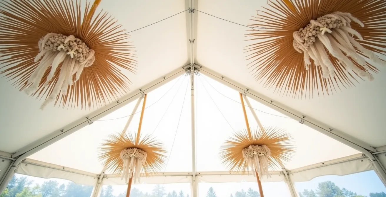 Wide view of wedding tent ceiling showing strategic dried palm placement in clusters