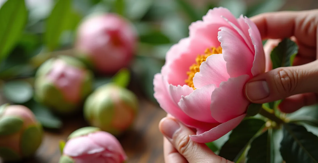 Close-up of hands gently testing peony bud firmness at different opening stages